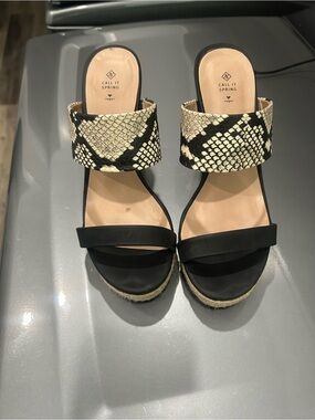 Call It Spring Black & Snake-Print Espadrille Wedge Sandals